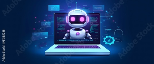 Wallpaper Mural An engaging image of a robot AI assistant offering support, depicted with floating gears and a high-tech laptop interface Torontodigital.ca