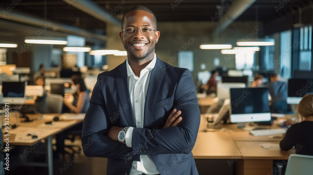 A portrait of an attractive African American man in his late thirties, wearing business attire and smiling as he stands confidently inside the open-plan office space. A portrait of an attractive African American man in his late thirties, wearing business attire and smiling as he stands confidently inside the open-plan office space.