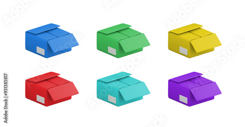 Vector cartoon 3d colorful opened carton box set. Cute realistic red, blue, green, yellow and purple package on white background. 3d render cardboard box collection for infographic, template, app.