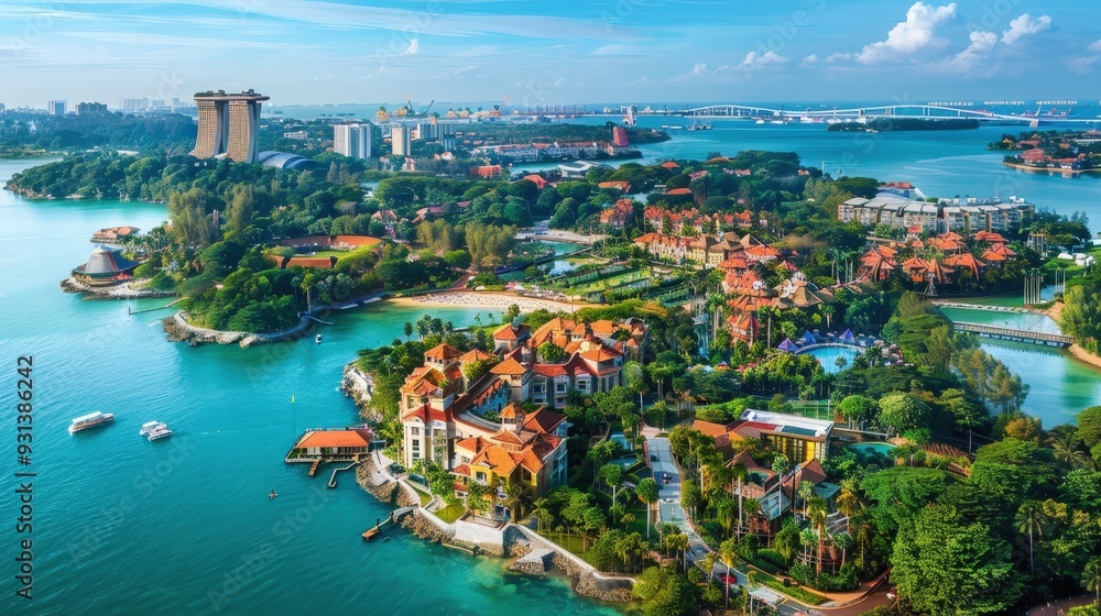 Fototapeta premium Sentosa Island, a popular resort destination, boasts beaches, theme parks, golf courses, and luxury hotels, catering to tourists and locals alike