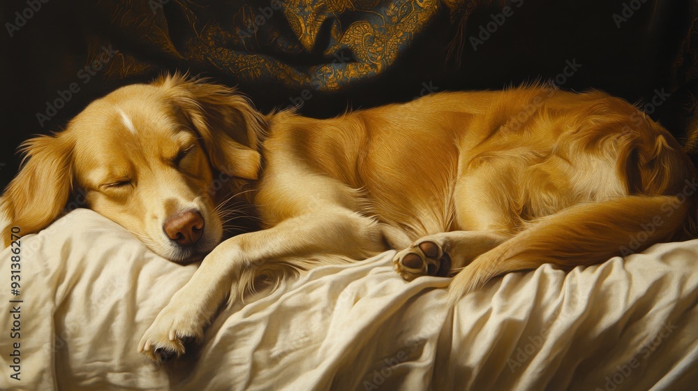 Obraz premium A golden retriever rests peacefully on a soft pillow, surrounded by warm hues and a comforting atmosphere