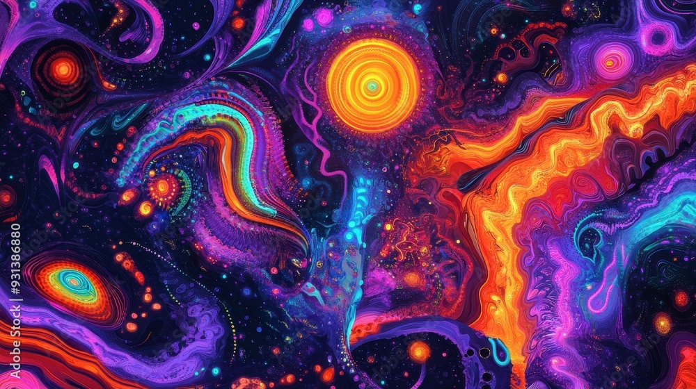 A vibrant cosmic abstract artwork filled with swirling colors and shapes. A vibrant cosmic abstract artwork filled with swirling colors and shapes.