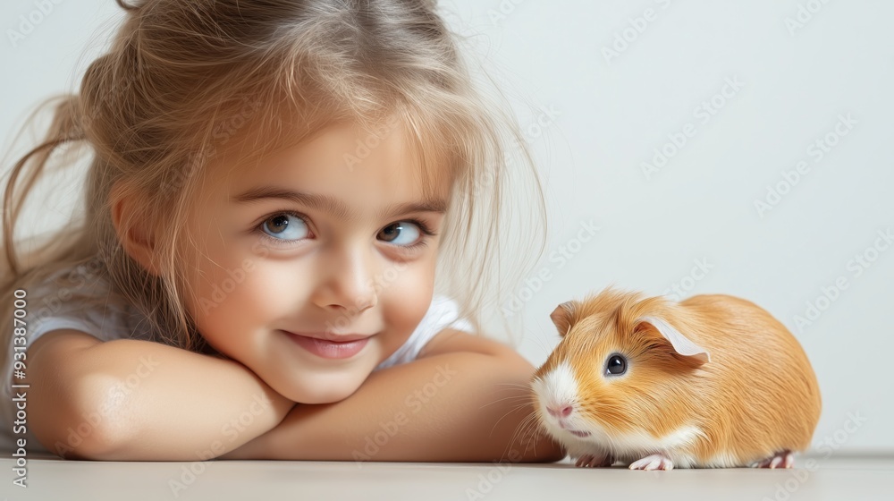 A thrilled girl is captured playing with her lively guinea pig, who is scampering around on the floor isolated on white background A thrilled girl is captured playing with her lively guinea pig, who is scampering around on the floor isolated on white background