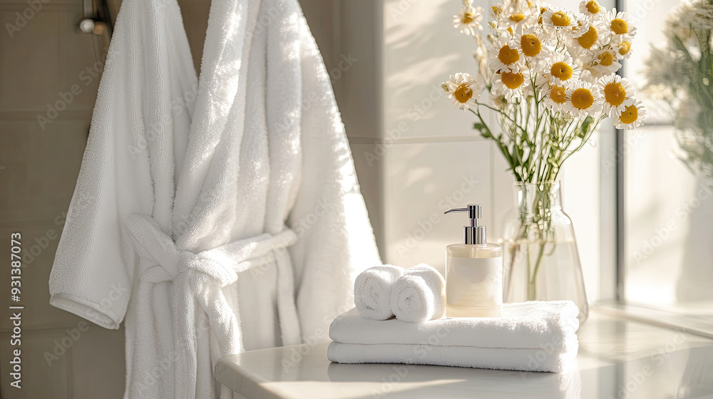 cozy white bathrobe draped near a stack of folded towels and a glass vase filled with daisies in a sunlit bathroom cozy white bathrobe draped near a stack of folded towels and a glass vase filled with daisies in a sunlit bathroom