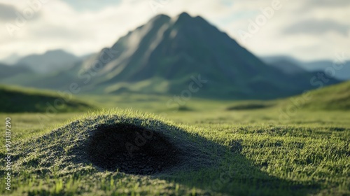 A small molehill creates an impressive shadow against a lush green landscape with distant mountains under a clear sky photo