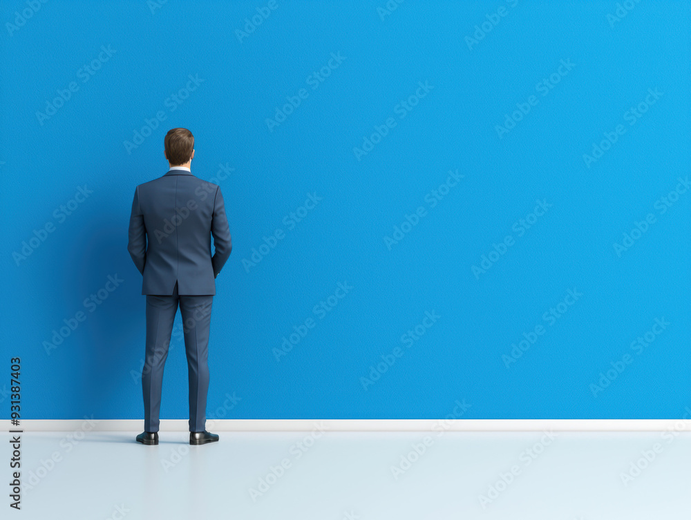 A businessman stands in front of a bright blue wall, symbolizing isolation, contemplation, and future possibilities in a corporate setting. A businessman stands in front of a bright blue wall, symbolizing isolation, contemplation, and future possibilities in a corporate setting.