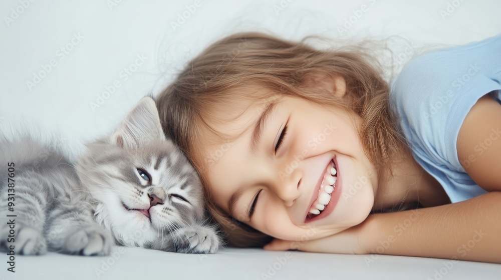 A playful girl is shown lying on the floor, laughing as her kitten playfully pounces on her isolated on white background A playful girl is shown lying on the floor, laughing as her kitten playfully pounces on her isolated on white background