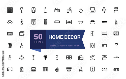 Set of home decor and decorations icon. Pixel perfect, minimalistic web and UI icon. Outline icons collection. Editable vector illustration.