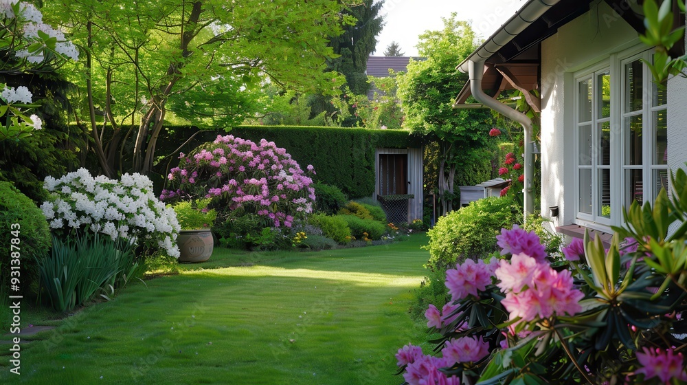 Fototapeta premium Garten: Landscaping and Gardening in the Sun. Home Garden with Rhododendron Flowers
