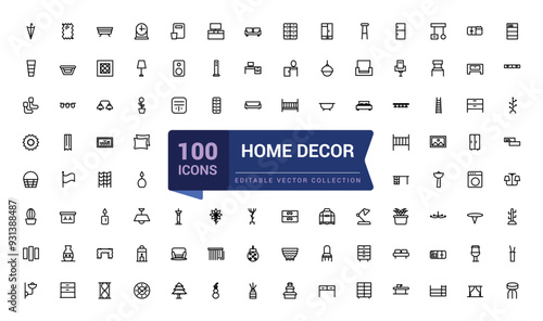Set of home decor and decorations icon. Pixel perfect, minimalistic web and UI icon. Outline icons collection. Editable vector illustration.