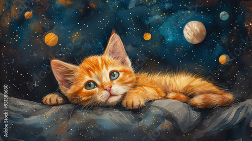 Cute ginger kitten on the roof surrounded by the night starry sky,Red cat dream about fantasy planets watercolor illustration