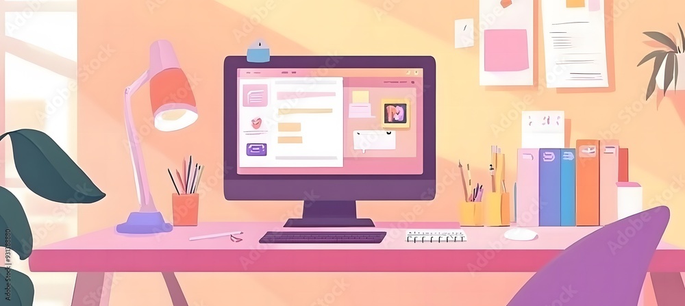 cartoon illustration of an office desk with a computer, notebook, and other stationery items,workspace cartoon illustration of an office desk with a computer, notebook, and other stationery items,workspace
