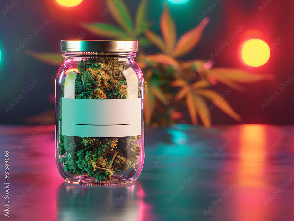 Cannabisblüten in Glasbehälter vor farbigem Hintergrund Cannabisblüten in Glasbehälter vor farbigem Hintergrund