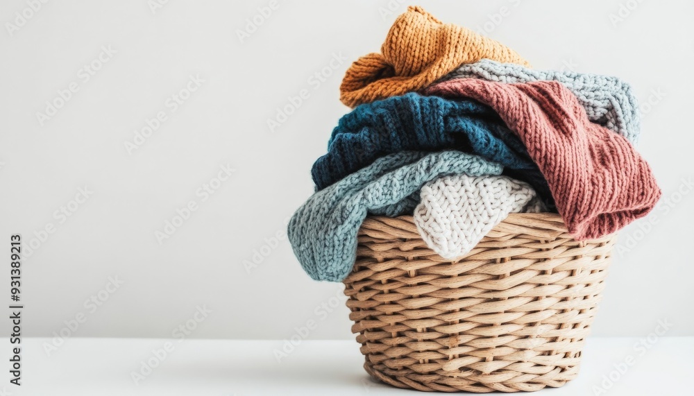 Obraz premium Knitted Sweaters in a Wicker Basket.