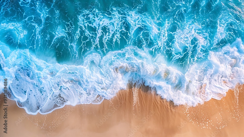 Naklejka premium Ocean waves on the beach as a background Aerial top down view of beach and sea with blue water waves Beautiful natural summer vacation holidays background in Vietnam Vietnam beach : Generative AI
