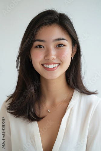 Asian woman positive smile on white background, beauty positive smile