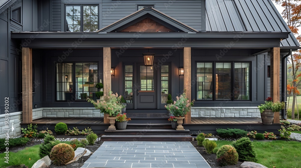 Fototapeta premium Modern farmhouse dark grey with front porch : Generative AI
