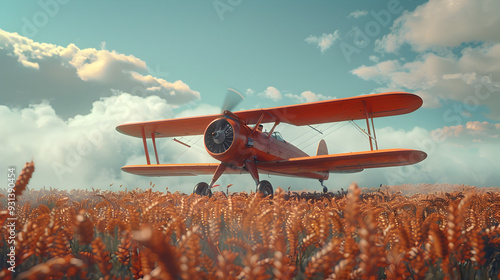 Vintage Biplane Soaring Over Golden Wheat Fields in Serene Countryside Landscape