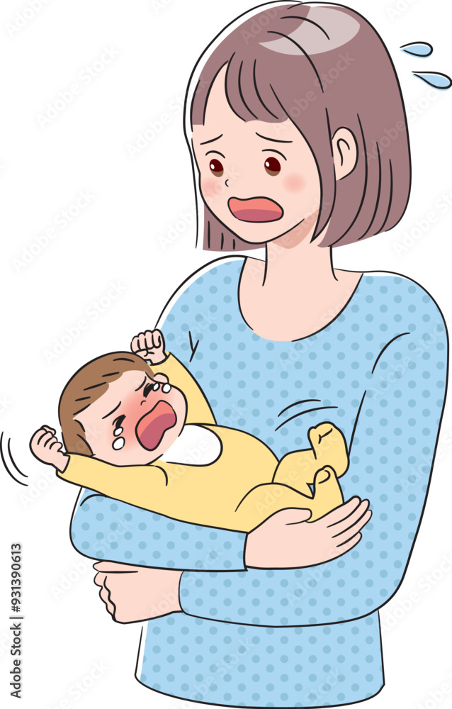 泣きじゃくる赤ちゃんと母親のイラスト 泣きじゃくる赤ちゃんと母親のイラスト