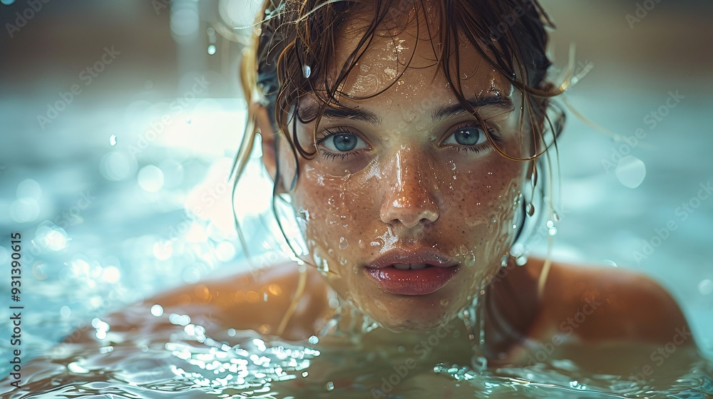 Woman participating in an aqua HIIT (High-Intensity Interval Training) session in a fitness pool, intense water workout Woman participating in an aqua HIIT (High-Intensity Interval Training) session in a fitness pool, intense water workout