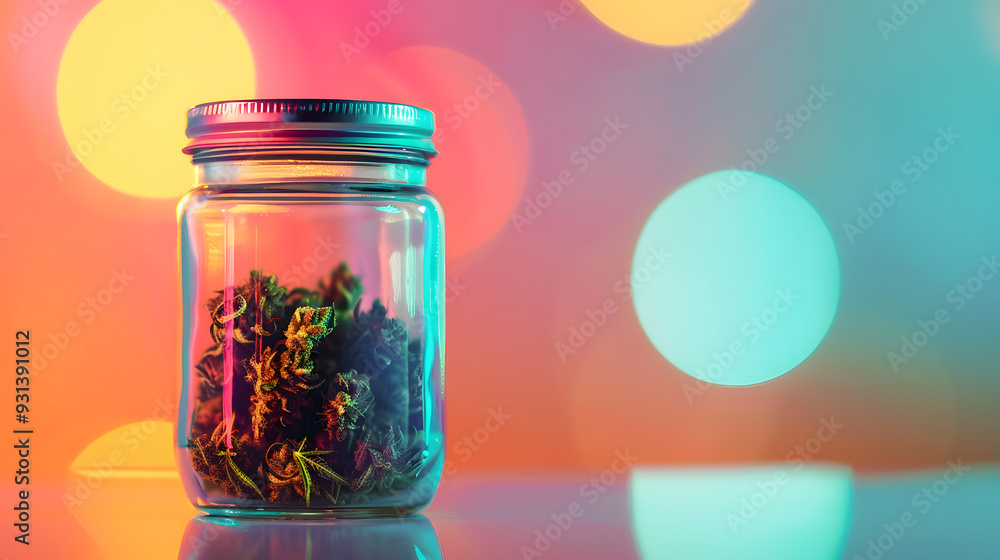 Cannabisblüten in Glasbehälter vor farbigem Hintergrund Cannabisblüten in Glasbehälter vor farbigem Hintergrund
