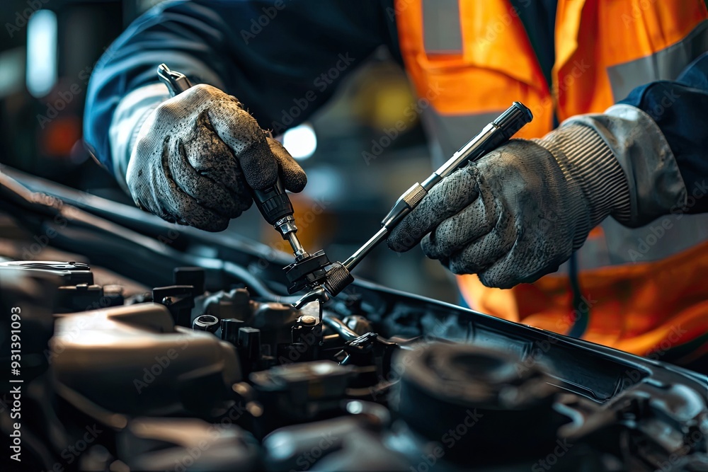 Auto mechanic working on car broken engine in mechanics service or garage. Transport maintenance wrench detial Auto mechanic working on car broken engine in mechanics service or garage. Transport maintenance wrench detial