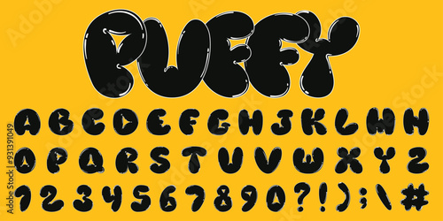 Fun playful English alphabet with inflatable letter effect in retro linear style. Vector black hand drawn font.