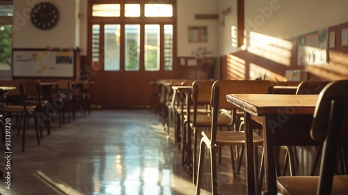 Wallpaper Mural Empty Classroom with Vintage Wooden Chairs, Back to School Concept with Nostalgic Warm Lighting Torontodigital.ca