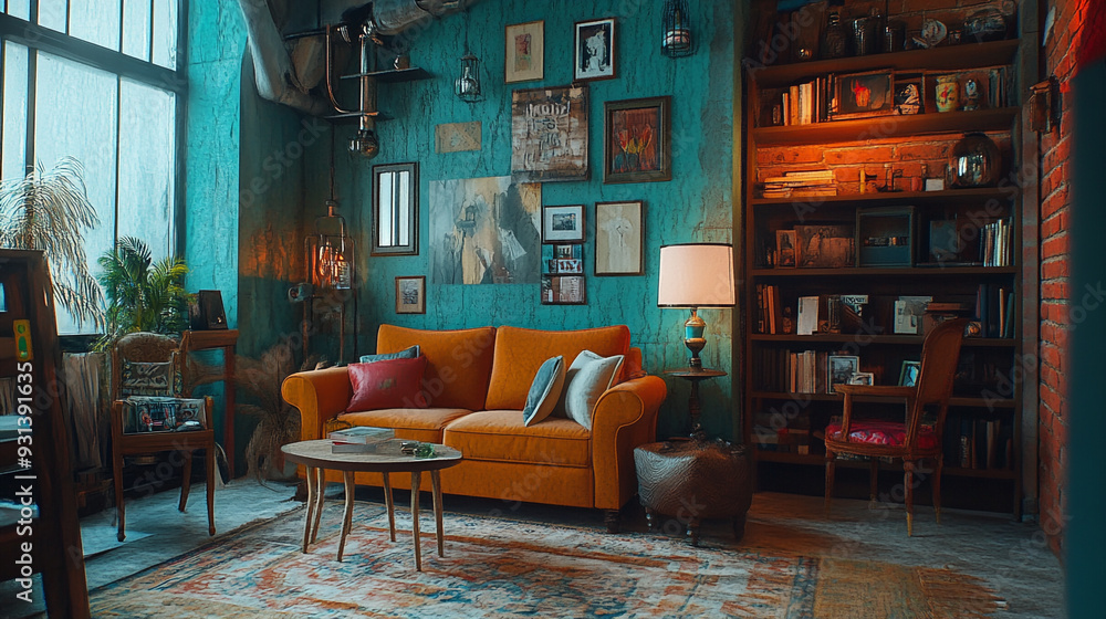 Cozy retro living room with orange sofa, bookshelves, and plants in a well-lit, artistic space Cozy retro living room with orange sofa, bookshelves, and plants in a well-lit, artistic space