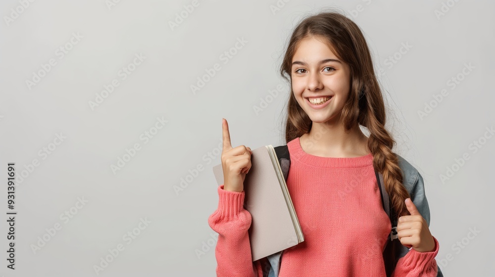 Smiling Young Female Student Holding Book and Pointing: Isolated on Transparent Background Smiling Young Female Student Holding Book and Pointing: Isolated on Transparent Background
