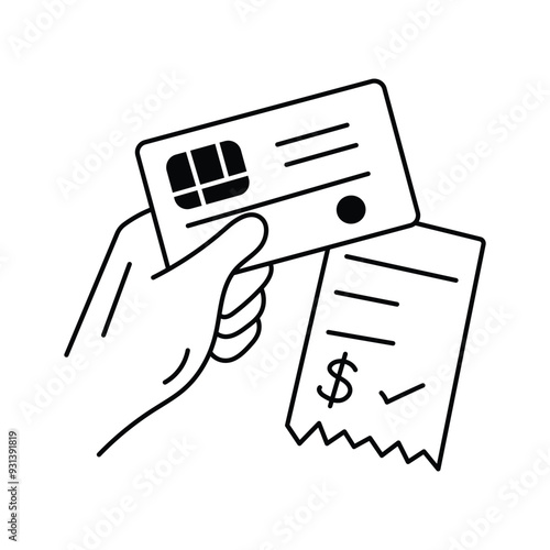 Hand holding a credit card and receipt, card payment icon, payment confirmation and transaction record