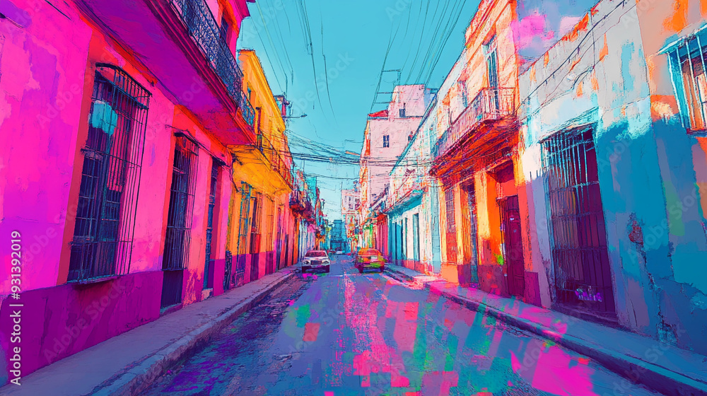 Fototapeta premium Colorful street in a vibrant neighborhood showcasing lively buildings and utility lines during bright daylight