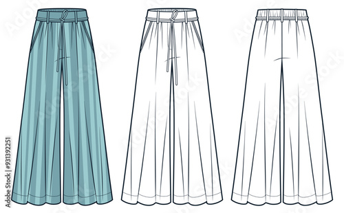 Palazzo Pants fashion flat technical drawing template, striped design. Wide Leg Pants technical fashion illustration, elastic waist, front, back view, white, green, women, men, unisex CAD mockup set.