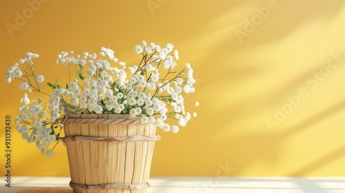 White Flowers in a Wooden Bucket on a Yellow Background
