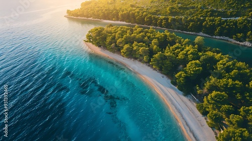 Aerial view of blue sea and Zlatni Rat Brac island Croatia in summer Top drone view of adriatic sea sandbank white sandy beach green trees azure water at sunset Tropical landscape Trav : Generative AI