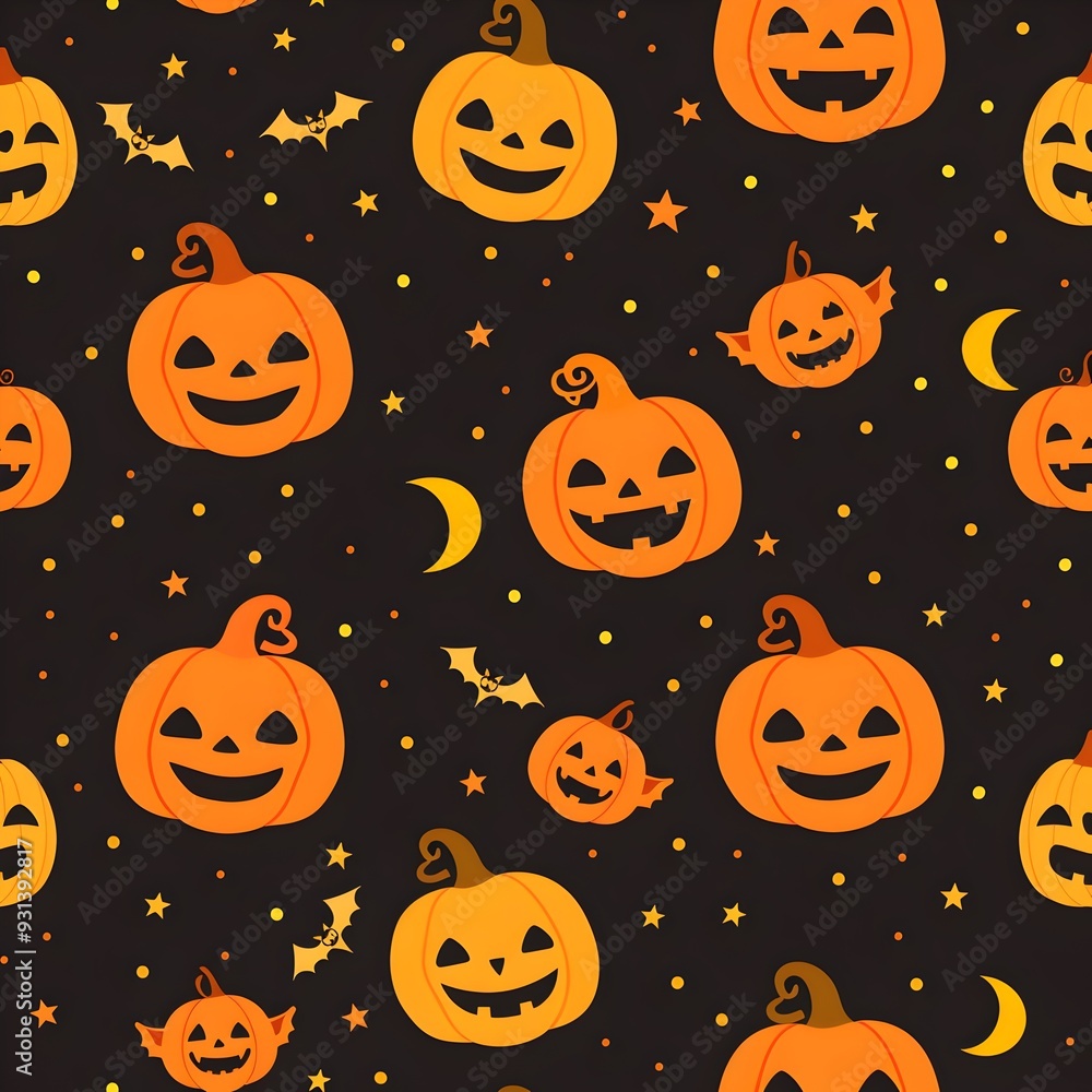 Cute Pumpkin Pattern with Bats and Moons for Halloween Banner Background Cute Pumpkin Pattern with Bats and Moons for Halloween Banner Background