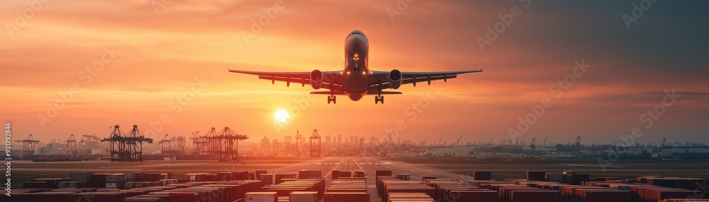 An airplane takes off against a stunning sunset, illuminating the sky with vibrant colors over the bustling airport. An airplane takes off against a stunning sunset, illuminating the sky with vibrant colors over the bustling airport.