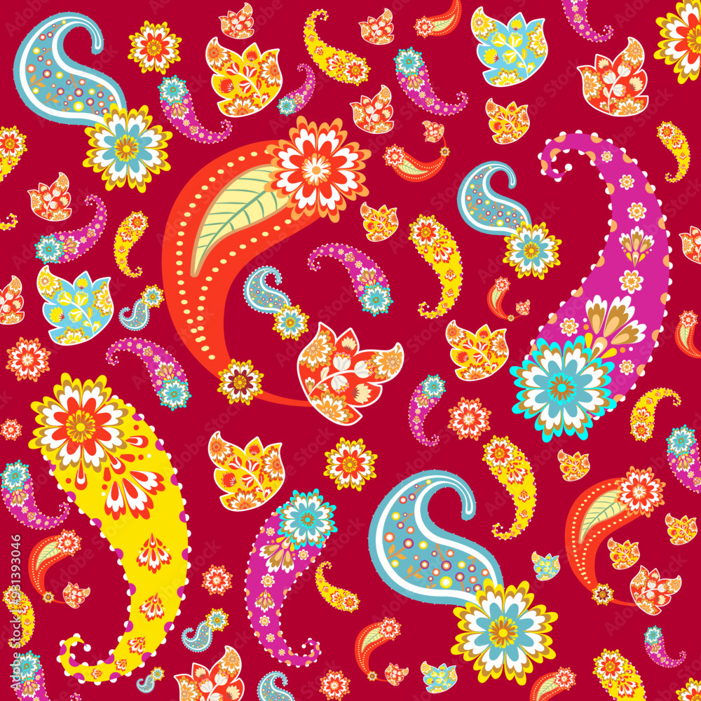 Naklejka premium Paisley fabric pattern. fabric Indian floral ornament ethnic floral textile digital design fabric print wallpaper design,seamless asian Textile background
