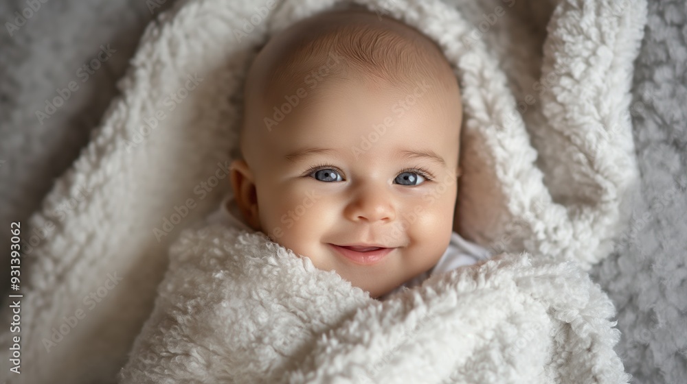 Smiling Baby Infant Wrapped in White Furry Blanket: Adorable Portrait After Bath Smiling Baby Infant Wrapped in White Furry Blanket: Adorable Portrait After Bath