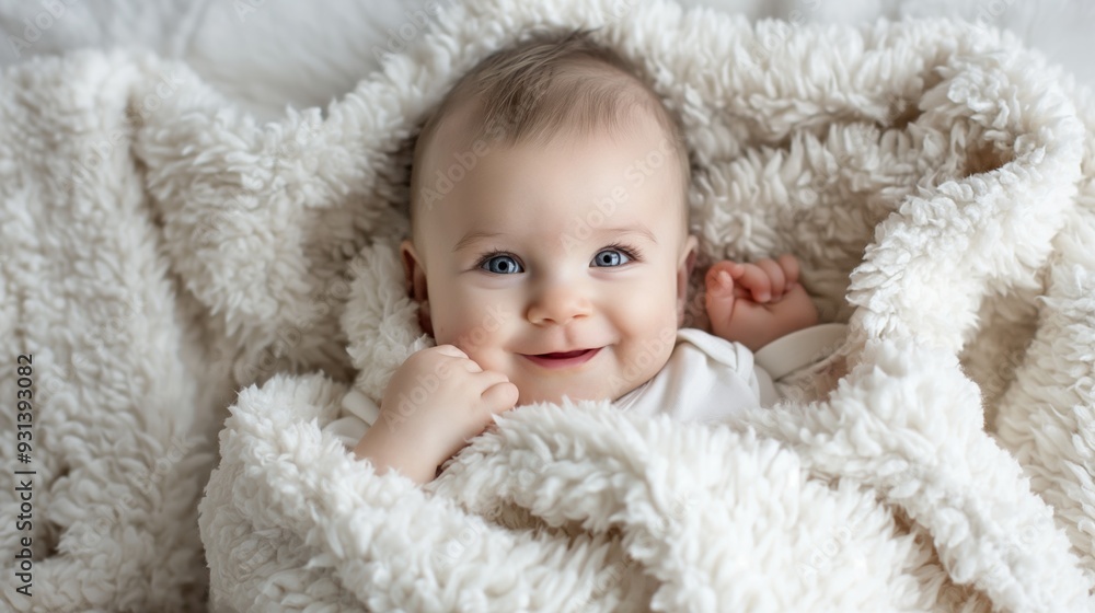 Smiling Baby Infant Wrapped in White Furry Blanket: Adorable Portrait After Bath Smiling Baby Infant Wrapped in White Furry Blanket: Adorable Portrait After Bath