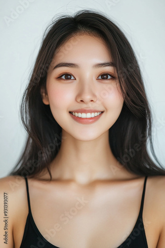 Asian woman positive smile on white background, beauty positive smile