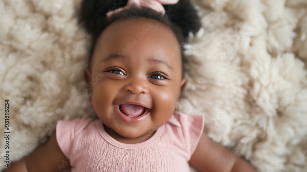 Close-Up of Smiling Black Baby Girl in Pink Bodysuit Lying on Soft Cotton Bed Close-Up of Smiling Black Baby Girl in Pink Bodysuit Lying on Soft Cotton Bed