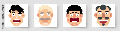 Set of avatars of different people. Set of colorful portraits of users. Faces of male characters. Vector illustration in flat cartoon style. Close-up portraits.