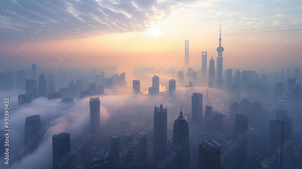 Fototapeta premium Smog-covered city skyline, air pollution visible,