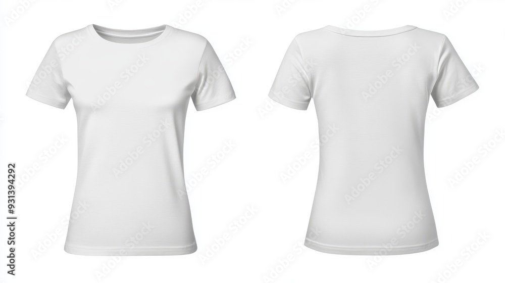 Two angles of a white blank t-shirt template, which can be used for design mockups and printing. Two angles of a white blank t-shirt template, which can be used for design mockups and printing.