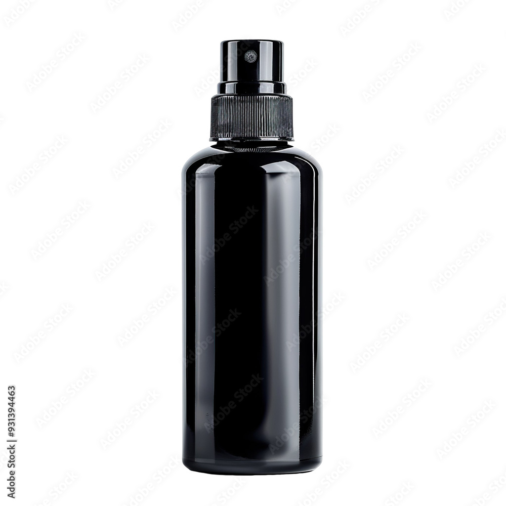 Front view of a black moisturizer bottle with no labels isolated on a white transparent background. Front view of a black moisturizer bottle with no labels isolated on a white transparent background.