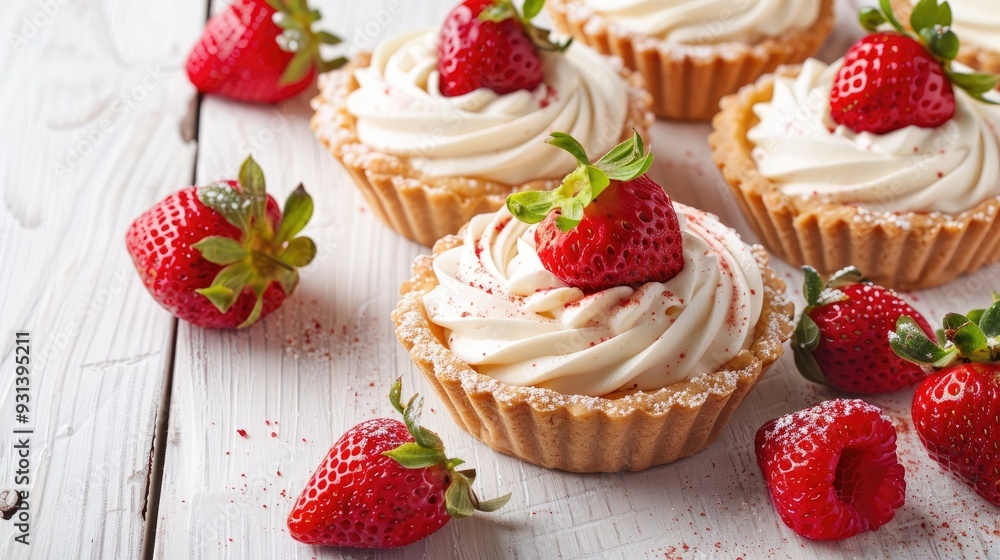 Tartlets with buttercream and strawberries on white wooden background Tartlets with buttercream and strawberries on white wooden background