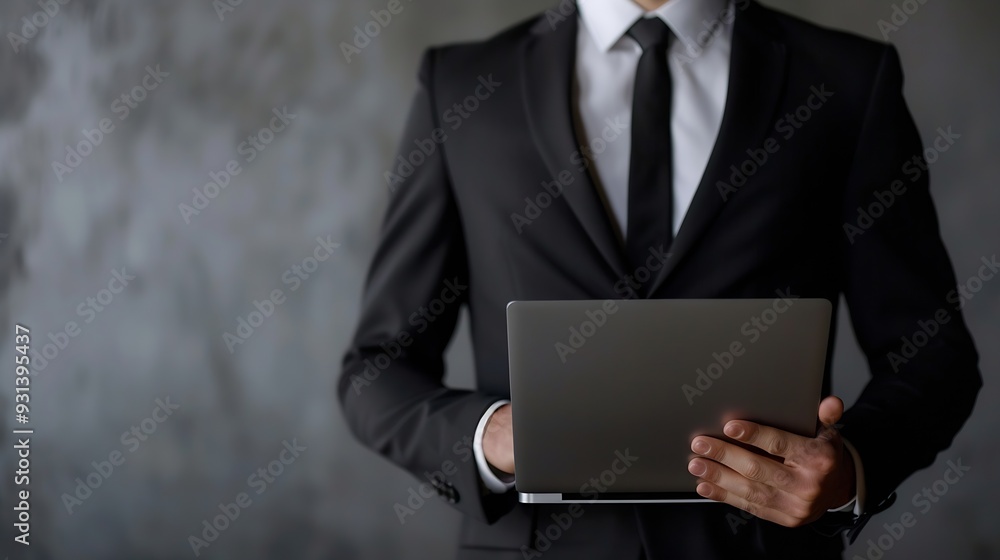 Adult employee IT business man corporate lawyer he wear classic formal black suit shirt tie work in office hold closed laptop pc computer use mobile cell phone isolated on plain grey b : Generative AI Adult employee IT business man corporate lawyer he wear classic formal black suit shirt tie work in office hold closed laptop pc computer use mobile cell phone isolated on plain grey b : Generative AI