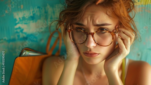 Woman with a frustrated expression looking through her purse for pain relievers after drinking photo