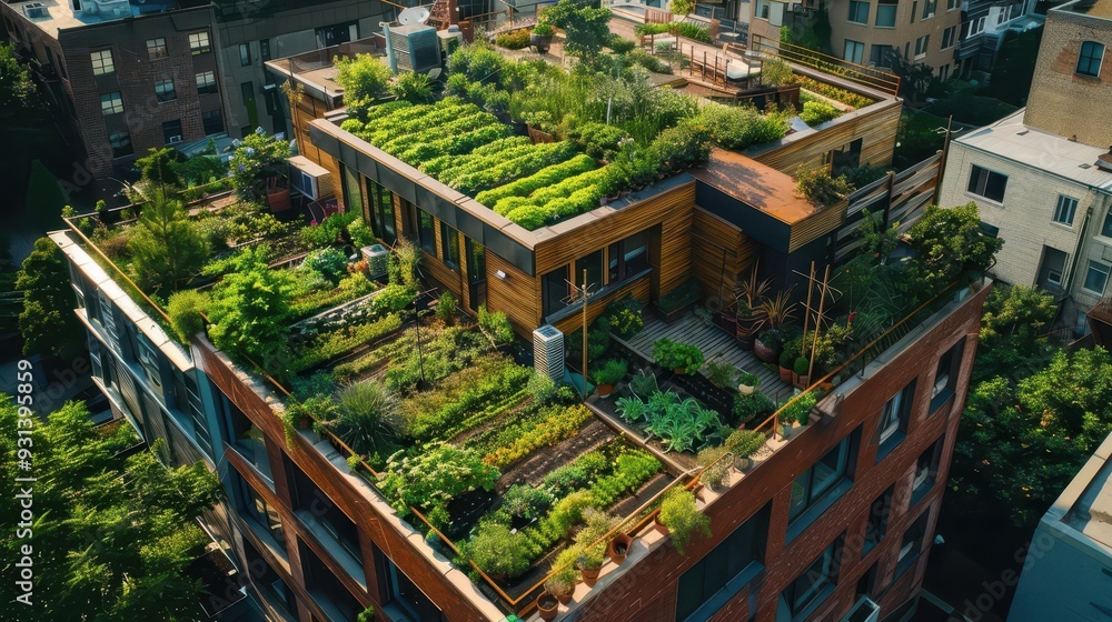 Fototapeta premium Thriving rooftop garden in urban setting,
